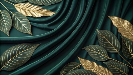 Luxury emerald green satin fabric with golden leaves. 3d rendering