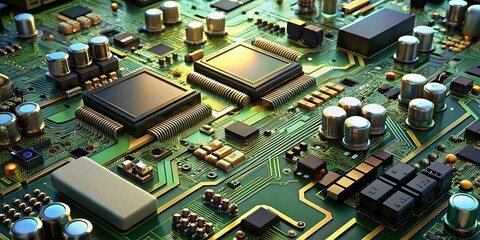 Poster - Long Exposure Photo of Advanced Circuit Board Technology, Detailed Components, Microscopic View