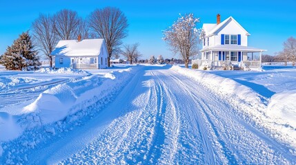 Wall Mural - Snowy country road, winter houses, trees, sunny day, postcard