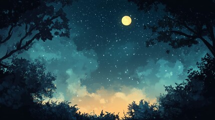 Wall Mural - Starlit night sky with glowing moon and silhouetted trees