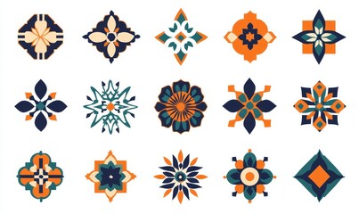 Aufkleber - Colorful floral tile patterns, design elements, white background, textile print