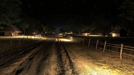 Poster - Night village road, huts, horses, stars