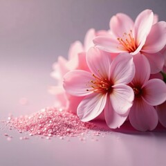 Wall Mural - Pastel pink glitter dust settles on a delicate floral arrangement, soft focus, pastel, blossoms