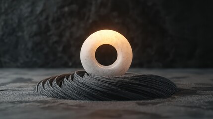 Poster - A glowing spherical object rests on a textured surface, surrounded by dark, wavy elements, creating a serene and minimalist aesthetic.