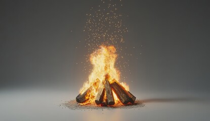 Wall Mural - Campfire burning brightly on grey studio background