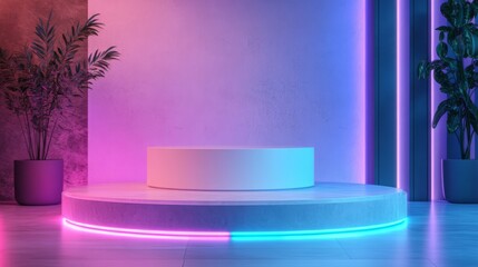 Canvas Print - Neon Lit Display Platform in Modern Interior Design