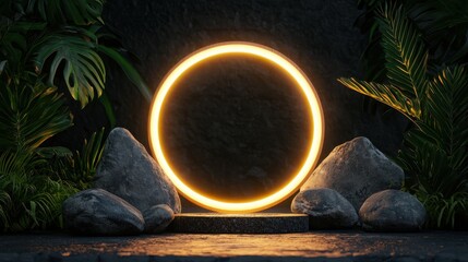Poster - A glowing circular portal surrounded by lush greenery and stones, creating a mystical and serene atmosphere.