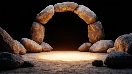 Poster - A glowing stone archway stands amidst dark surroundings, creating a mystical and inviting atmosphere.
