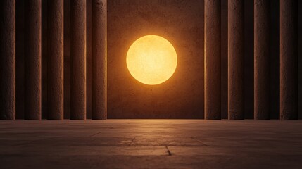 Poster - A warm, glowing sun shines through a grand archway, surrounded by tall columns, creating a serene and majestic atmosphere.