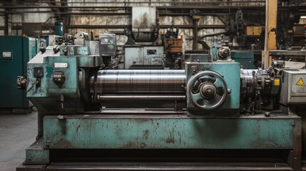 Fototapete - A large industrial lathe machine in a workshop, used for shaping metal components.