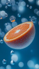 Poster - Juicy orange half, water droplets, blue background, refreshing drink ad