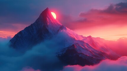 Poster - A majestic mountain peak at sunset, surrounded by vibrant clouds and soft light.