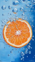 Poster - Sparkling Orange Slice Underwater, Bubbles, Refreshment