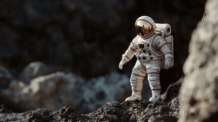 Poster - A miniature astronaut figure stands on a rocky, lunar-like surface.