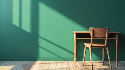Poster - A minimalist workspace with a wooden desk and chair against a green wall, illuminated by sunlight.
