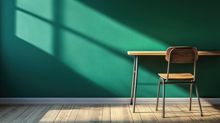 Poster - A minimalist workspace with a wooden desk and chair against a green wall, illuminated by sunlight.