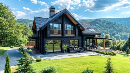 Aufkleber - A modern black house surrounded by greenery and mountains under a blue sky.