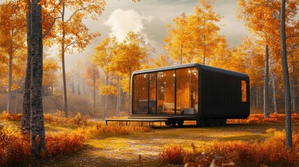 Poster - A modern cabin surrounded by vibrant autumn foliage in a serene forest setting.