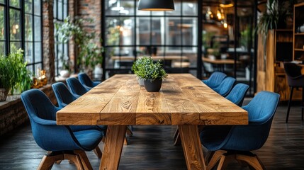 Poster - A modern conference room featuring a large wooden table and blue chairs.