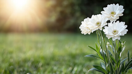 Sticker - Bright white flowers in sunny meadow, radiating beauty and tranquility