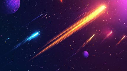 Wall Mural - colorful meteor shower against starry night sky with planets in background