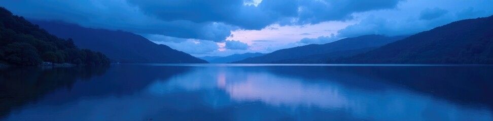 Wall Mural - Blue hour over a quiet and serene lake with surrounding hills, soothing, sky