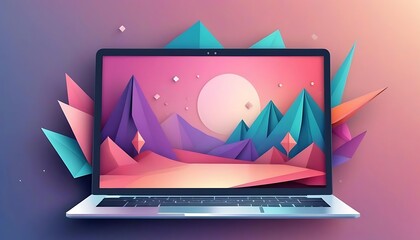 Poster - Laptop Displaying Abstract Low-Poly Mountain Landscape
