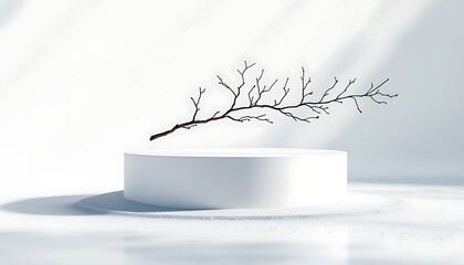 Poster - minimalist composition: bare branch above white cylindrical pedestal