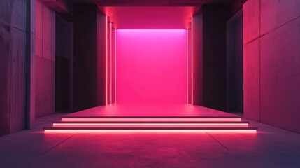 Poster - A modern, illuminated space with pink lighting and steps, suggesting a stage or gallery.
