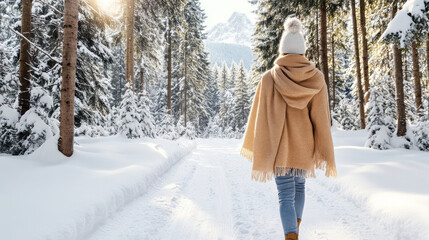 Sticker - person walks through peaceful snowy forest path, wrapped in warm shawl