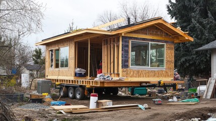 Aufkleber - A partially constructed tiny house on wheels, showcasing modern architecture and design.