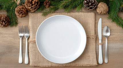 Wall Mural - rustic Christmas table setting with white plate and pinecones