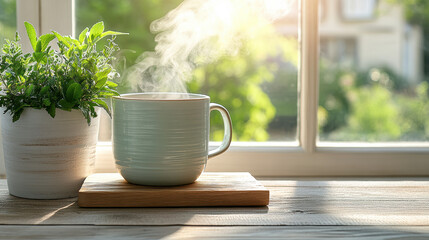 Wall Mural - steaming cup of herbal tea beside potted plant in sunlight