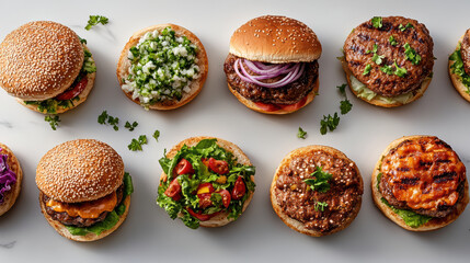 Poster - Delicious variety of fast food burgers with colorful toppings and fresh ingredients