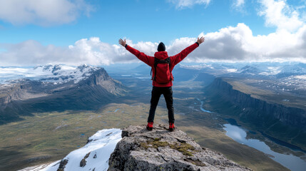 Sticker - traveler stands on mountaintop, arms raised in triumph, enjoying nature beauty