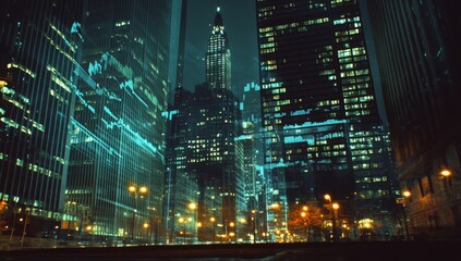 Poster - Night cityscape, financial charts overlay, urban street, glowing buildings, stock market