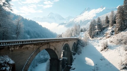 Aufkleber - A picturesque snowy landscape featuring a bridge surrounded by mountains and trees.