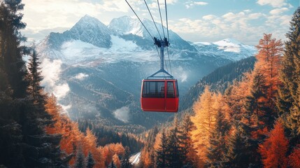 Poster - A red cable car glides over vibrant autumn mountains, showcasing nature's beauty.
