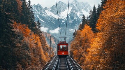 Poster - A red cable car travels through a vibrant autumn forest towards snow-capped mountains.