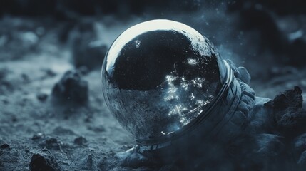 Poster - A reflective astronaut helmet resting on a lunar surface, capturing a cosmic scene.