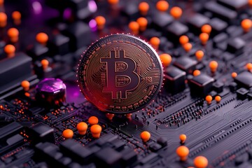 Poster - Glowing Bitcoin on a Dark Circuit Board, Representing Cryptocurrency Technology