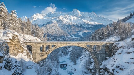 Aufkleber - A scenic winter landscape featuring a stone bridge and snow-capped mountains.