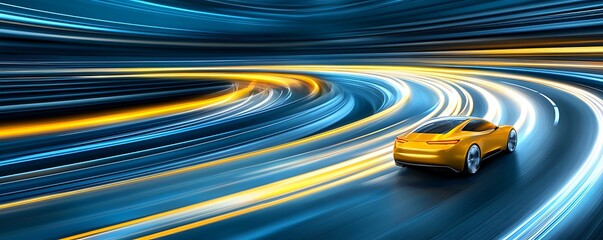 Poster - Yellow Sports Car Speeding Through a Blue and Gold Light Trail