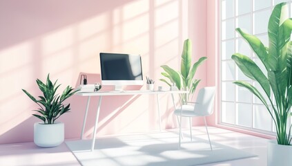 Poster - Pink room, sunlit desk, plants, workspace