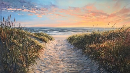 Poster - A serene beach scene at sunset, with a sandy path leading to the ocean.