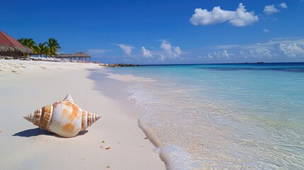 Poster - A serene beach scene featuring a conch shell on white sand with clear blue water.