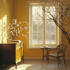 Poster - Sunny room, blooming branches, antique furniture, spring