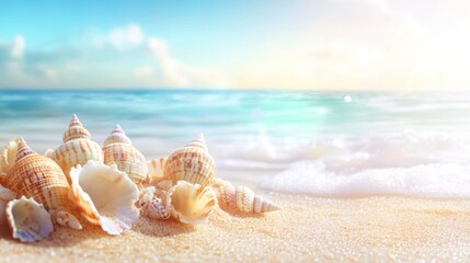 Poster - A serene beach scene featuring various seashells on sandy shores with gentle waves.