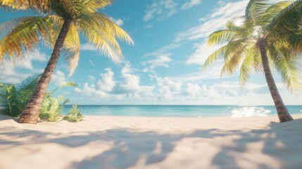 Poster - A serene beach scene with palm trees and a tranquil ocean under a bright sky.