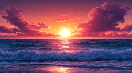 Wall Mural - Vibrant ocean sunset with dramatic clouds and gentle waves